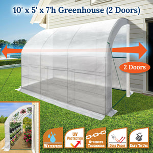 10x5x7'H Large Walk-In Wall Half Greenhouse w 3 tiers 6 Shelves White Yard