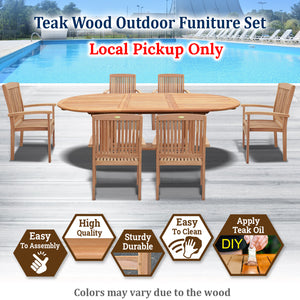 KINGTEAK Golden Teak Wood Patio Dining 7 Piece Sets, 1 Extending Table 6 Chair（Local Pick Up only）