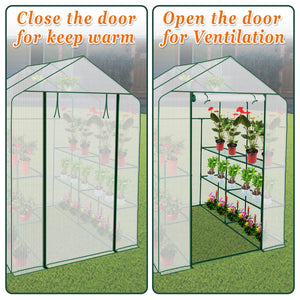 Mini Walk-in Greenhouse Outdoor Plant Shelves UV Protected Plant Green House (56"X56"X76.7")(PE)