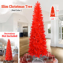 Load image into Gallery viewer, 7.5FT Pre-Lit Pencil Red Christmas Tree, Hinged Artificial Slim Xmas Tree w/ 880 Branch Tips and Sturdy Metal Stand, Perfect for Holiday Outdoor and Indoor Decor (RED)