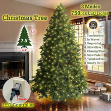 Load image into Gallery viewer, 7.5 FT Spruce Artificial Hinged Christmas Tree Pre-Lit Artificial Christmas Tree with 750 Warm Lights LED and Metal Stand for Home Party Decoration,Green