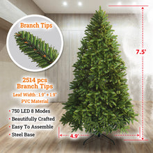 Load image into Gallery viewer, 7.5 FT Spruce Artificial Hinged Christmas Tree Pre-Lit Artificial Christmas Tree with 750 Warm Lights LED and Metal Stand for Home Party Decoration,Green