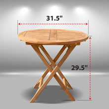 Load image into Gallery viewer, KINGTEAK Teak Wood Folding Outdoor Patio Side Table - 31.5&quot; Round Wooden Table w/X Base, Lawn, Garden, Living Room
