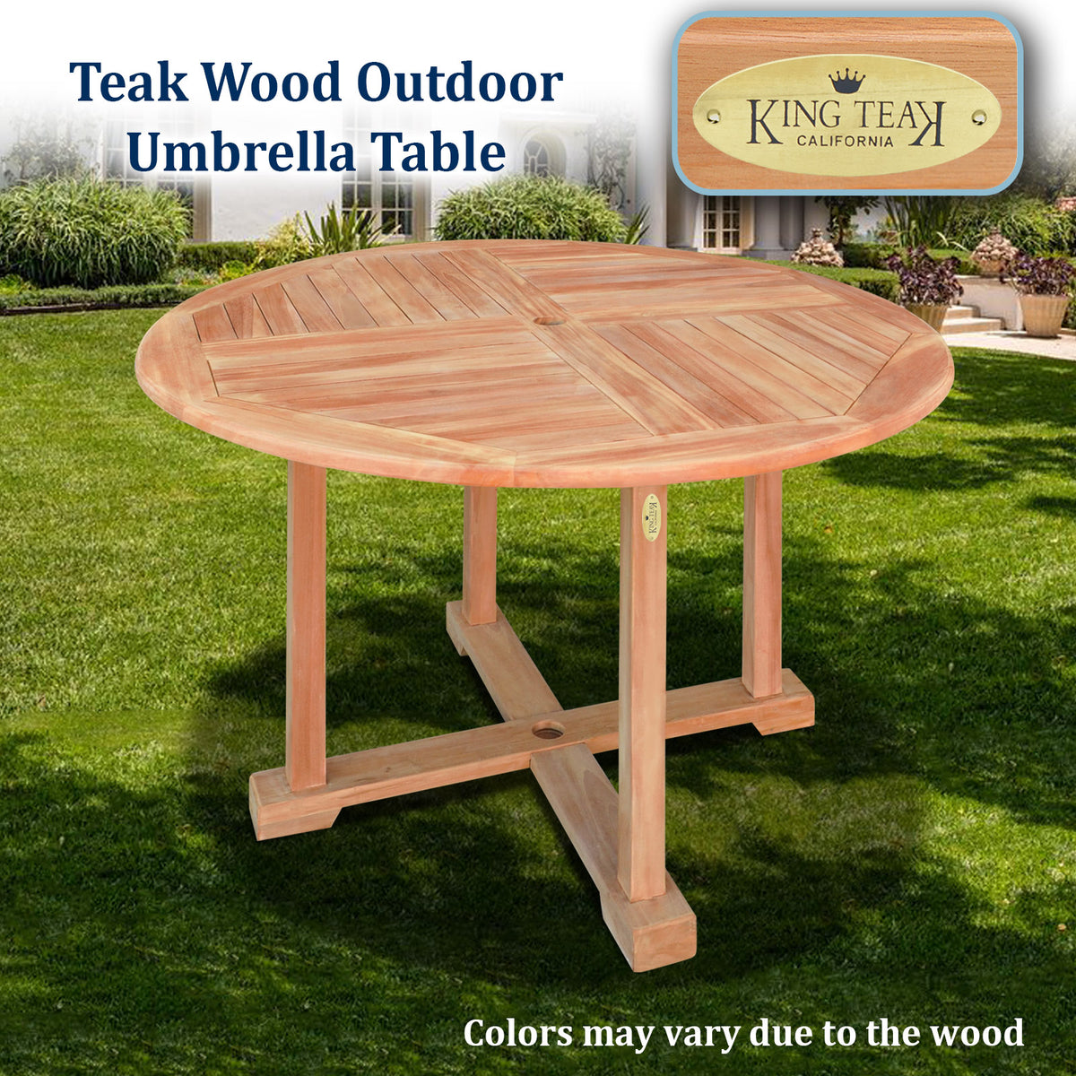 Dia47" Teak Wood Dining Table Elegant Round Table Yard Camping Picnic