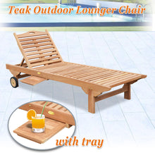 Load image into Gallery viewer, Teak Wood 4-Position Sun Bed Outdoor Lounger Garden Patio Chair w Tray 2 Wheels(local pick up)