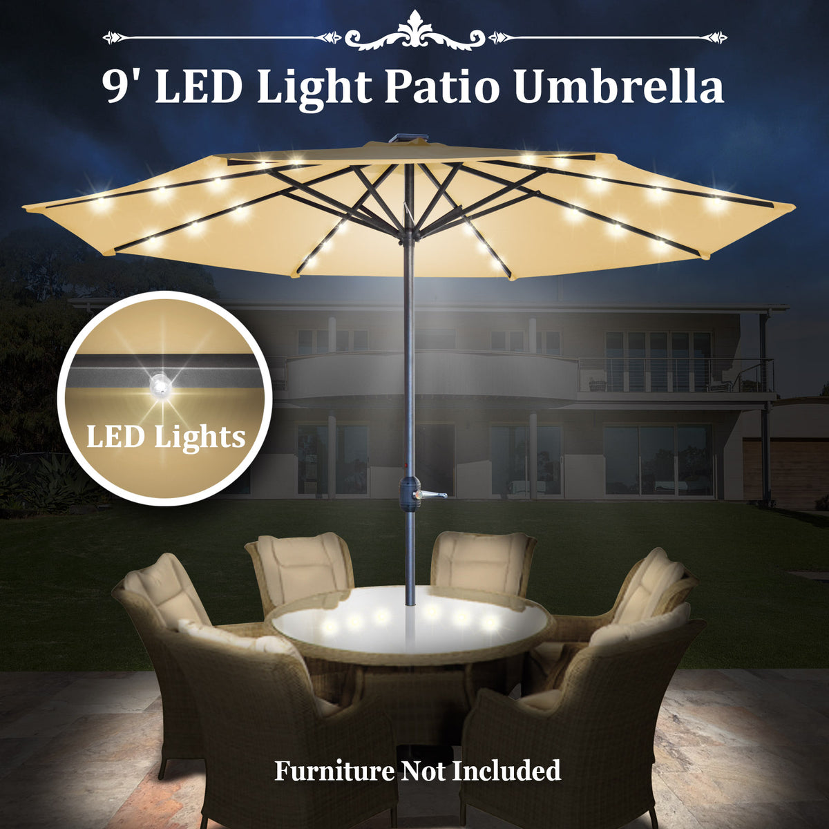 beige patio umbrella with lights STRONG CAMEL 24 LED Light 9ft Aluminum Patio Solar Umbrella – Sunny Outdoor US