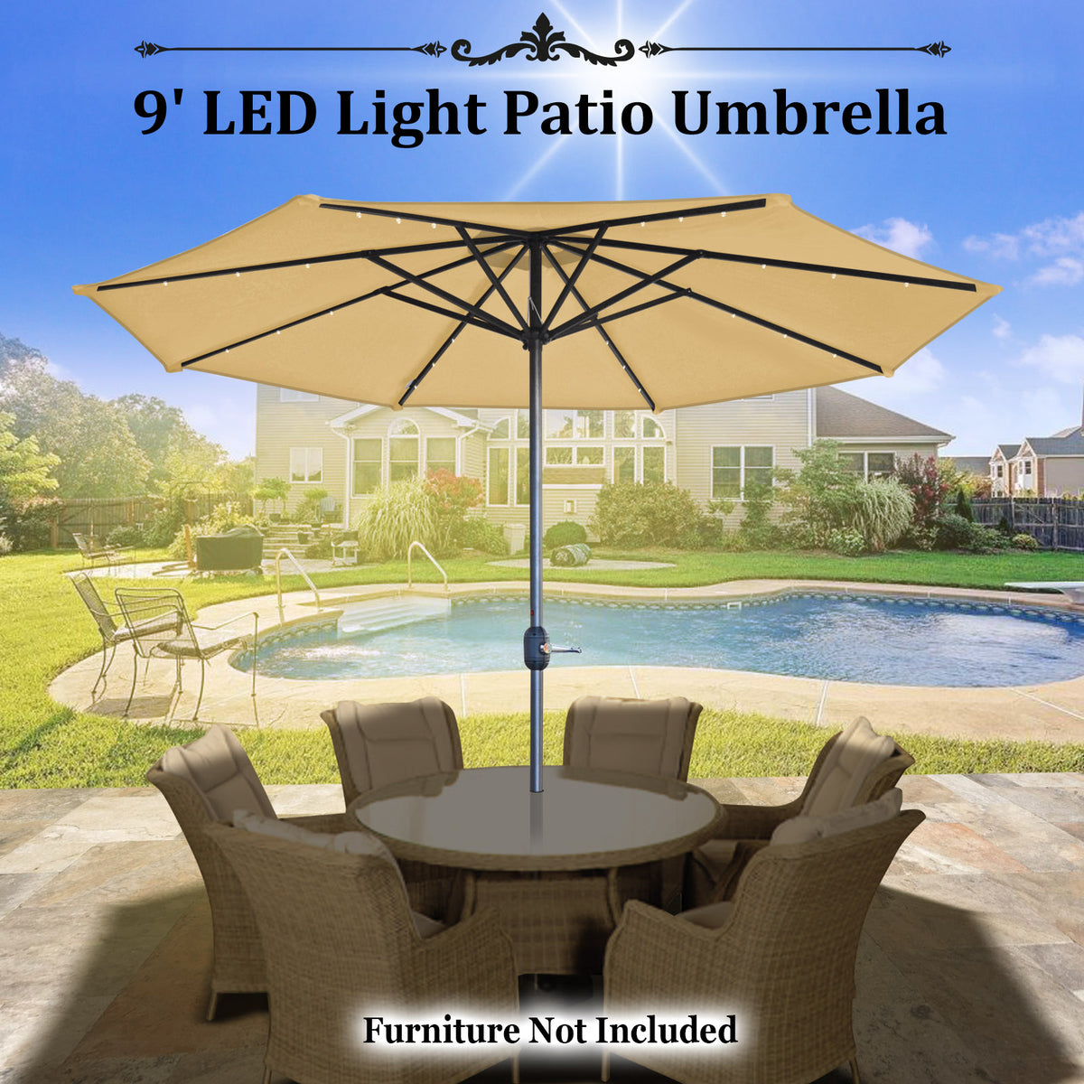 corliving taupe patio umbrella with solar power led lights STRONG CAMEL 24 LED Light 9ft Aluminum Patio Solar Umbrella – Sunny Outdoor US