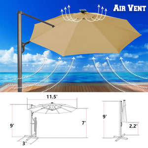 STRONG CAMEL 11.5' Anti-wind Cantilever Big Roma Solar LED Patio Umbrella Offset Waterproof