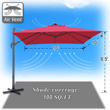 Load image into Gallery viewer, STRONG CAMEL Outdoor 10'x10' LED Light Offset Cantilever Umbrella Patio Deluxe Hanging Umbrella with 360° Cross Base ( Burgundy)