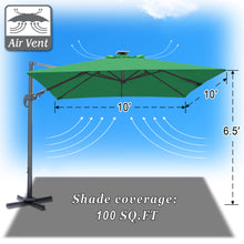 Load image into Gallery viewer, STRONG CAMEL Outdoor 10'x10' LED Light Offset Cantilever Umbrella Patio Deluxe Hanging Umbrella with 360° Cross Base (Green)
