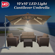 Load image into Gallery viewer, STRONG CAMEL Outdoor 10'x10' LED Light Offset Cantilever Umbrella Patio Deluxe Hanging Umbrella with 360° Cross Base (Cocoa)
