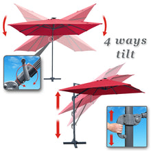 Load image into Gallery viewer, STRONG CAMEL Outdoor 10'x10' LED Light Offset Cantilever Umbrella Patio Deluxe Hanging Umbrella with 360° Cross Base ( Burgundy)