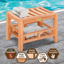 Load image into Gallery viewer, KINGTEAK Teak wood side table, 23.6" Shower Stool with Storage Shelf for Bathroom, Living Room, Bedroom