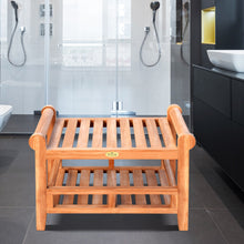 Load image into Gallery viewer, KINGTEAK Shower Bench 29.7"  Long Teak Wood Shower Stool with Storage Shelf and Handle for Indoors and Outdoors