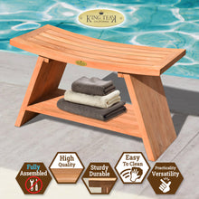 Load image into Gallery viewer, KINGTEAK 29.5&quot; Golden Teak Shower Bench with Shelf Indonesian Teak Wood Chair Spa Bath Seat Perfect for Indoor Or Outdoor
