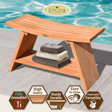 Load image into Gallery viewer, KINGTEAK 29.5" Golden Teak Shower Bench with Shelf Indonesian Teak Wood Chair Spa Bath Seat Perfect for Indoor Or Outdoor