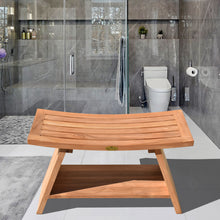 Load image into Gallery viewer, KINGTEAK 29.5" Golden Teak Shower Bench with Shelf Indonesian Teak Wood Chair Spa Bath Seat Perfect for Indoor Or Outdoor