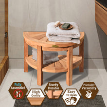 Load image into Gallery viewer, KINGTEAK 23.5" Golden Teak Wood Stool with Storage Shelf Half Moon Teak Shower Bench for Indoor Or Outdoor,Comes Fully Assembled