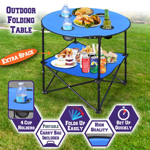 27.5" Round Foldable Camping Picnic Portable Table with Shelf 4 Cup Holders