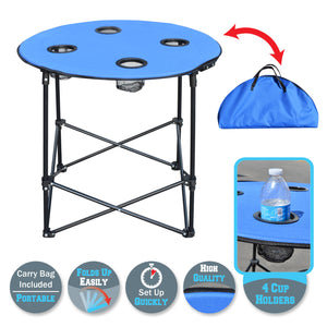 Portable Outdoor Folding Picnic 27.5" Collapsible Round Table with 4 Cup Holders