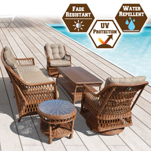 Load image into Gallery viewer, 5pc Wicker Rattan Patio Sofa Set - 2 Swivel Chairs, Sofa, 2 Tables - w/ Cushions
