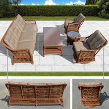 Load image into Gallery viewer, 5pc Wicker Rattan Patio Sofa Set - 2 Swivel Chairs, Sofa, 2 Tables - w/ Cushions
