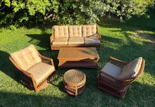 Load image into Gallery viewer, 5pc Wicker Rattan Patio Sofa Set - 2 Swivel Chairs, Sofa, 2 Tables - w/ Cushions
