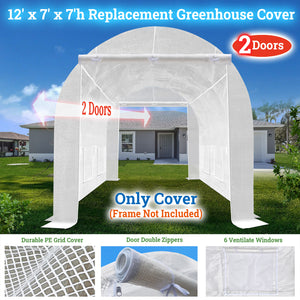 SUNNYOUTDOOR 2-Doors Replacement Greenhouse Cover for Larger Walk in Outdoor Yard Plant Gardening Hot House, Cover ONLY (White, 12'x7'x7')