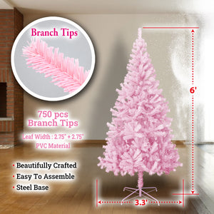 Pink Artificial Christmas Tree Unlit Hinged Spruce Full Tree Indoor Holiday Festival Party Decoration, with Metal Stand