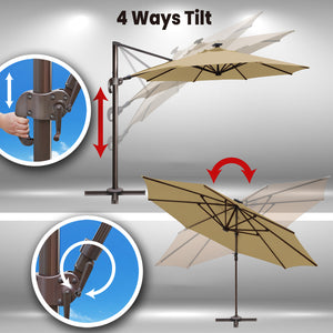 SUNNYOUTDOOR 11.5' Deluxe Cantilever Umbrella LED Lighted Umbrella Sunbrella Cover Anti Wind Patio Umbrella Garden Outdoor