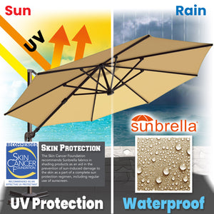 SUNNYOUTDOOR 11.5' Deluxe Cantilever Umbrella LED Lighted Umbrella Sunbrella Cover Anti Wind Patio Umbrella Garden Outdoor