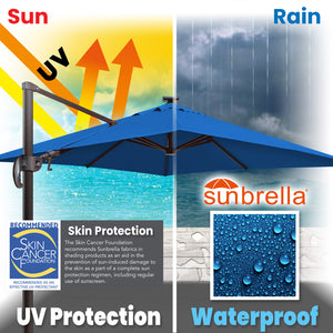 SUNNYOUTDOOR 10'x10' Deluxe Cantilever Umbrella LED Lighted Umbrella Sunbrella Cover Anti Wind Patio Umbrella Garden Outdoor