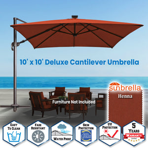 SUNNYOUTDOOR 10'x10' Deluxe Cantilever Umbrella LED Lighted Umbrella Sunbrella Cover Anti Wind Patio Umbrella Garden Outdoor