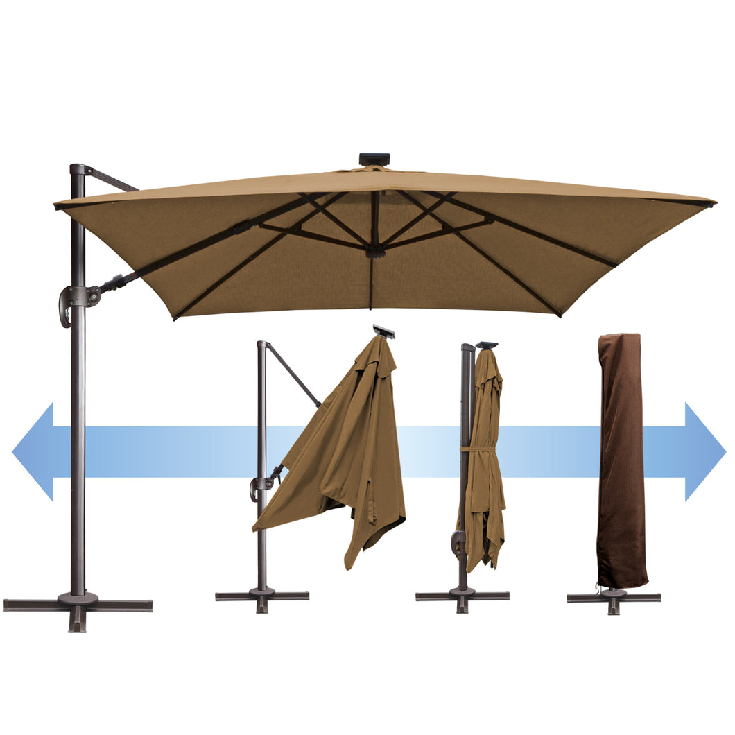 SUNNYOUTDOOR 10'x10' Deluxe Cantilever Umbrella LED Lighted Umbrella Sunbrella Cover Anti Wind Patio Umbrella Garden Outdoor