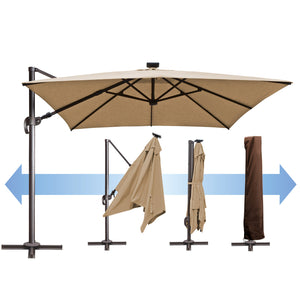 SUNNYOUTDOOR 10'x10' Deluxe Cantilever Umbrella LED Lighted Umbrella Sunbrella Cover Anti Wind Patio Umbrella Garden Outdoor