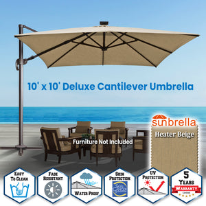 SUNNYOUTDOOR 10'x10' Deluxe Cantilever Umbrella LED Lighted Umbrella Sunbrella Cover Anti Wind Patio Umbrella Garden Outdoor