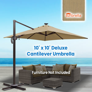 SUNNYOUTDOOR 10'x10' Deluxe Cantilever Umbrella LED Lighted Umbrella Sunbrella Cover Anti Wind Patio Umbrella Garden Outdoor