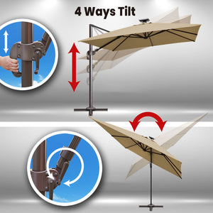 SUNNYOUTDOOR 10'x10' Deluxe Cantilever Umbrella LED Lighted Umbrella Sunbrella Cover Anti Wind Patio Umbrella Garden Outdoor