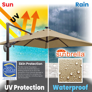 SUNNYOUTDOOR 10'x10' Deluxe Cantilever Umbrella LED Lighted Umbrella Sunbrella Cover Anti Wind Patio Umbrella Garden Outdoor