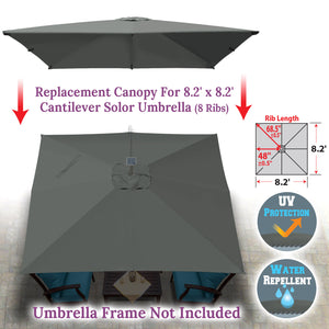 8.2x8.2ft 8 Ribs Replacement Canopy cover for Square Hanging Solar Umbrella