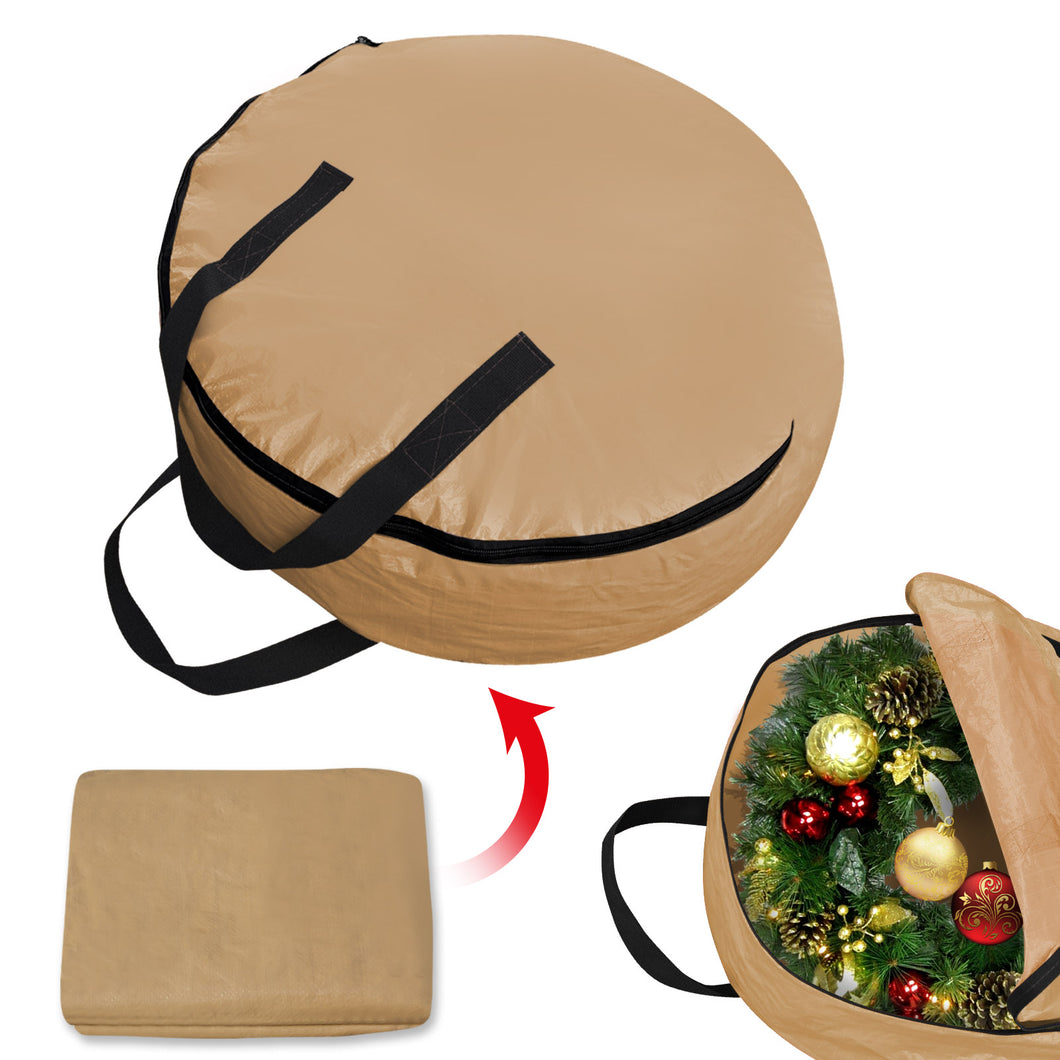 Heavy Duty Christmas Wreath Storage Bag Portable Xmas Wreath Bag w/Handles for 24'' Wreath, Tan