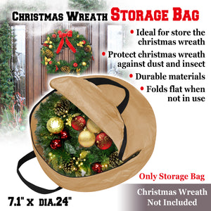 Heavy Duty Christmas Wreath Storage Bag Portable Xmas Wreath Bag w/Handles for 24'' Wreath, Tan