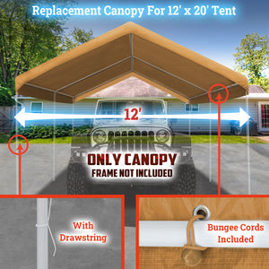 Carport Conopy Cover 12 x 20 Feet Replacement Tent Garage Outdoor Top Tarp Car Shelter with Ball Bungees (with Edge)