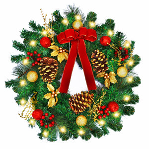 24" Hanging Christmas Wreath 20 LED Natural Pine Cones Battery Powered