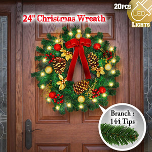 24" Hanging Christmas Wreath 20 LED Natural Pine Cones Battery Powered