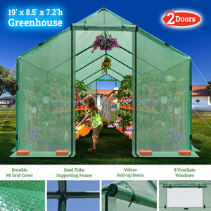 2 Doors Large Greenhouse Walk-in Outdoor Gardening Green House with Roll-up Velcro Windows Garden Plant Hot House (Green)