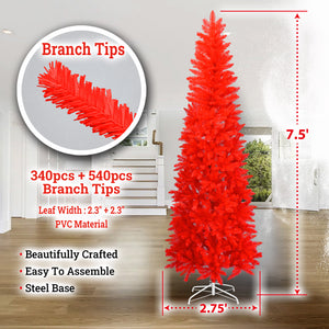 7.5FT Pre-Lit Pencil Red Christmas Tree, Hinged Artificial Slim Xmas Tree w/ 880 Branch Tips and Sturdy Metal Stand, Perfect for Holiday Outdoor and Indoor Decor (RED)