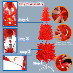 7.5FT Pre-Lit Pencil Red Christmas Tree, Hinged Artificial Slim Xmas Tree w/ 880 Branch Tips and Sturdy Metal Stand, Perfect for Holiday Outdoor and Indoor Decor (RED)