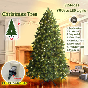 7.5 FT Spruce Artificial Hinged Christmas Tree Pre-Lit Artificial Christmas Tree with 750 Warm Lights LED and Metal Stand for Home Party Decoration,Green