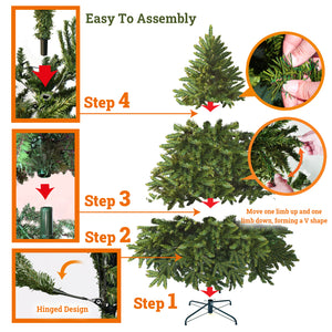 7.5 FT Spruce Artificial Hinged Christmas Tree Pre-Lit Artificial Christmas Tree with 750 Warm Lights LED and Metal Stand for Home Party Decoration,Green
